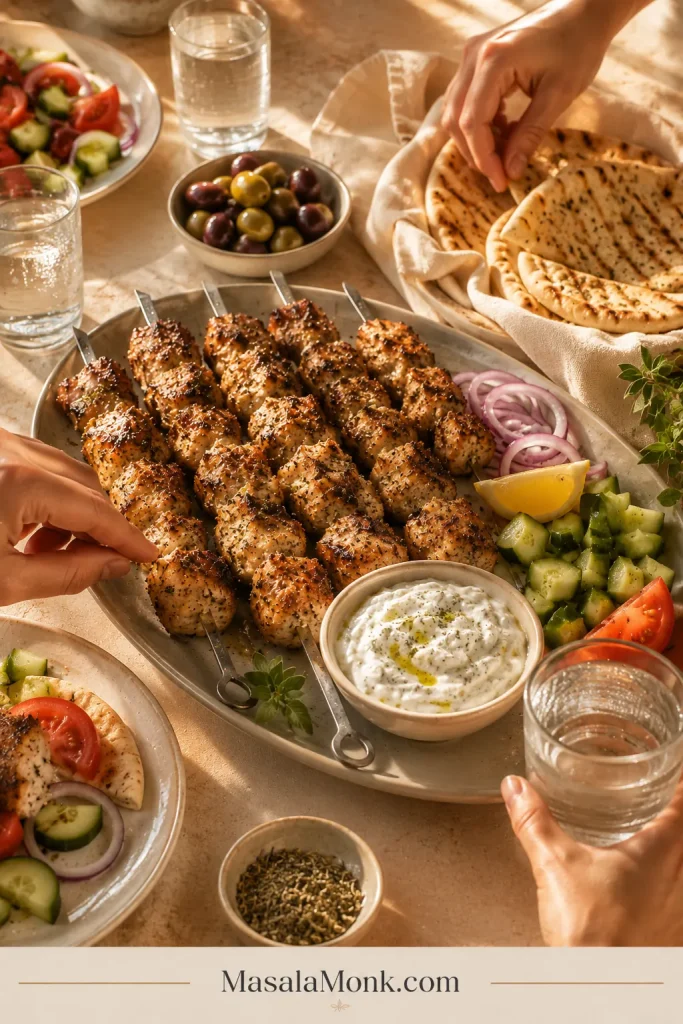 Warm dinner table with chicken souvlaki skewers, pita, tzatziki, cucumber salad, olives, lemon and hands beginning to serve.