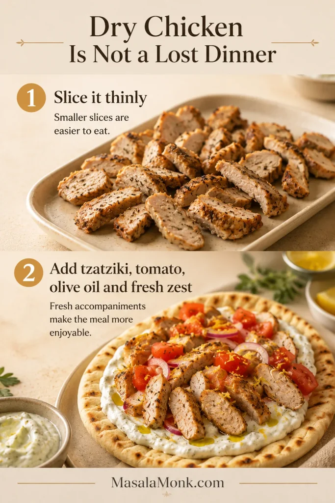 Dry cooked chicken sliced thinly, then served over warm pita with tzatziki, tomato, olive oil and fresh lemon zest.