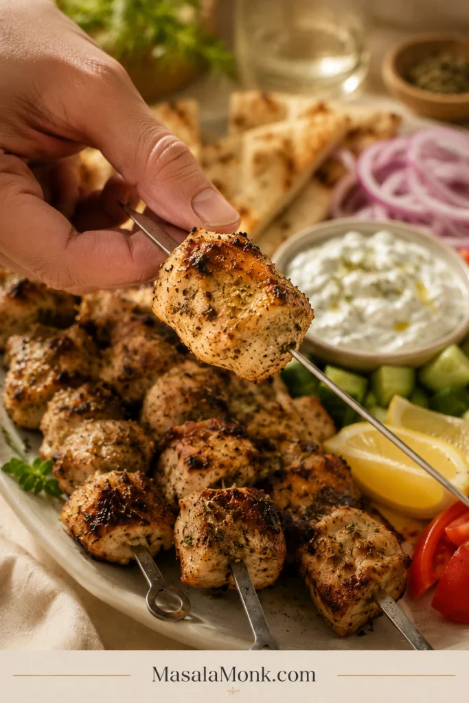 A hand lifts a browned chicken piece from a souvlaki skewer above a platter with pita, tzatziki and fresh vegetables.