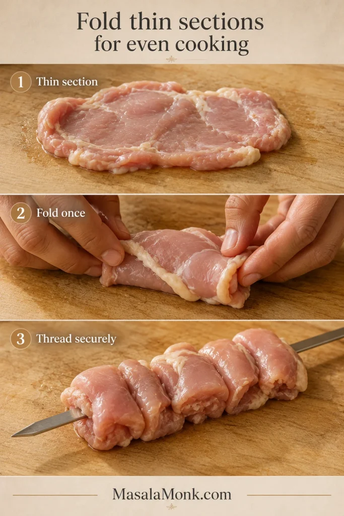 Three-step close-up showing a thin chicken-thigh flap, hands folding it once and the folded meat threaded onto a flat skewer.