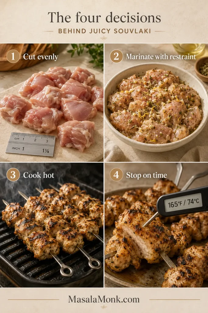 Four-panel infographic showing evenly cut chicken, restrained lemon-oregano marinade, strong grill heat and a thermometer checking doneness.
