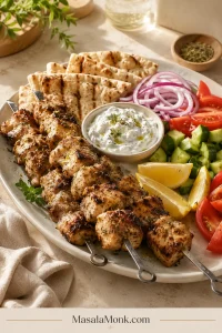 Grilled chicken souvlaki skewers on a cream platter with warm pita, thick tzatziki, cucumber, tomato, red onion and lemon wedges.