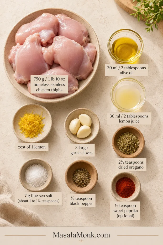 Overhead arrangement of chicken thighs, olive oil, lemon, garlic, dried oregano, salt, black pepper and optional paprika.