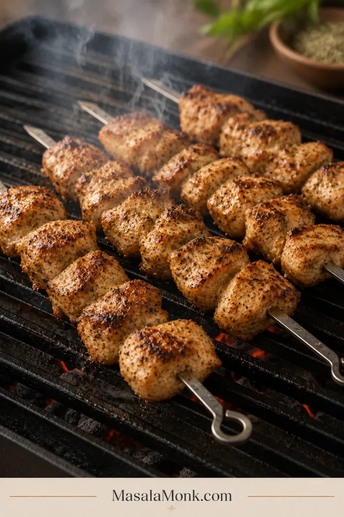 Herb-coated chicken souvlaki skewers browning over a hot grill with light smoke and glowing heat beneath the grate.