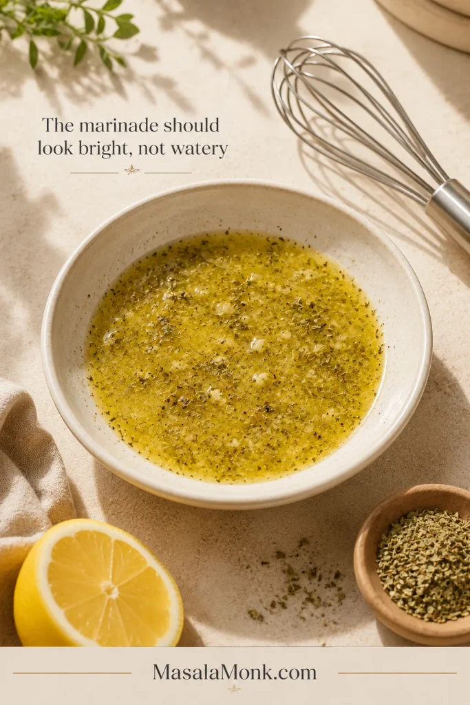 Shallow bowl of glossy lemon-oregano marinade with finely minced garlic, lemon zest, herbs and black pepper.