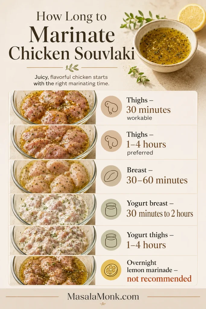 Infographic comparing marinating windows for chicken thighs, chicken breast and yogurt-coated versions, with overnight lemon marination discouraged.