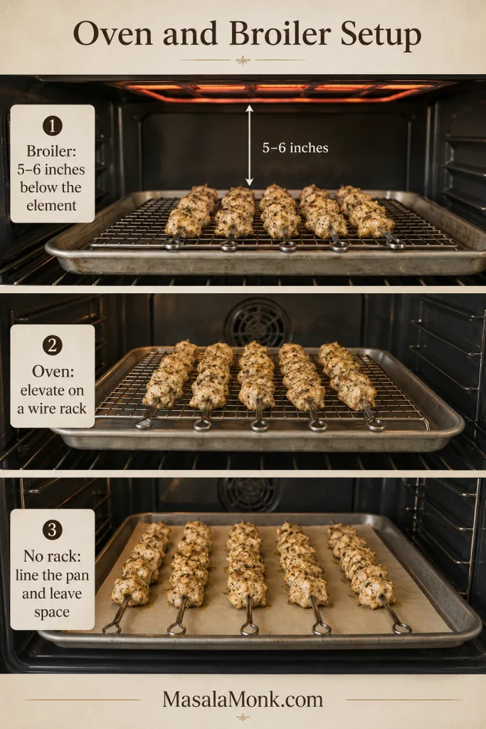 Three-panel indoor cooking guide showing broiler distance, skewers elevated on a wire rack and a lined pan used without a rack.