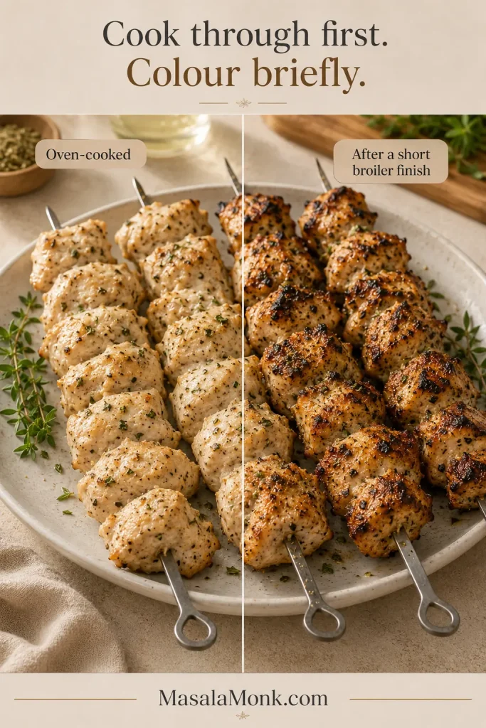 Lightly coloured oven-cooked chicken souvlaki beside the same skewers after a brief broiler finish.