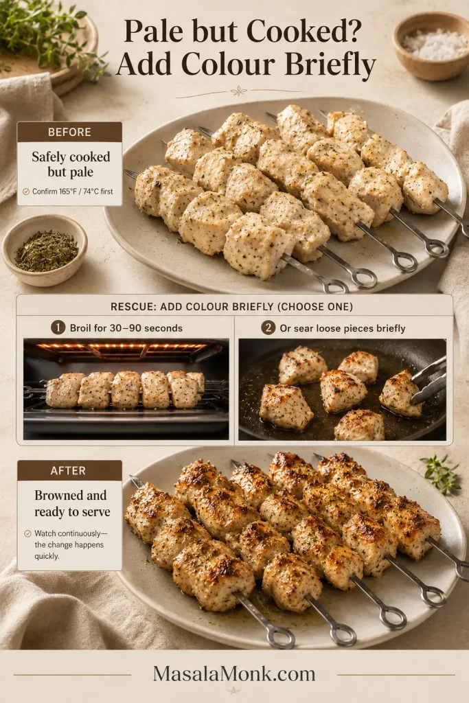Before-and-after infographic showing pale but fully cooked chicken souvlaki browned briefly beneath a broiler or in a hot skillet.