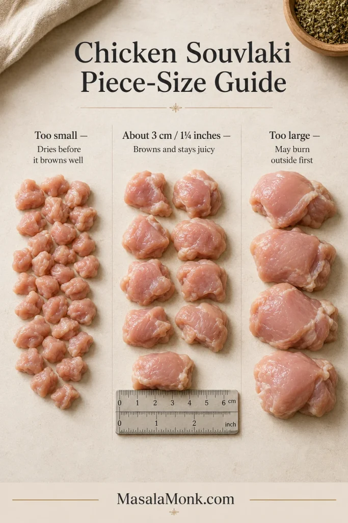 Three groups of raw chicken thigh pieces—too small, about 3 centimetres and too large—shown beside a ruler.