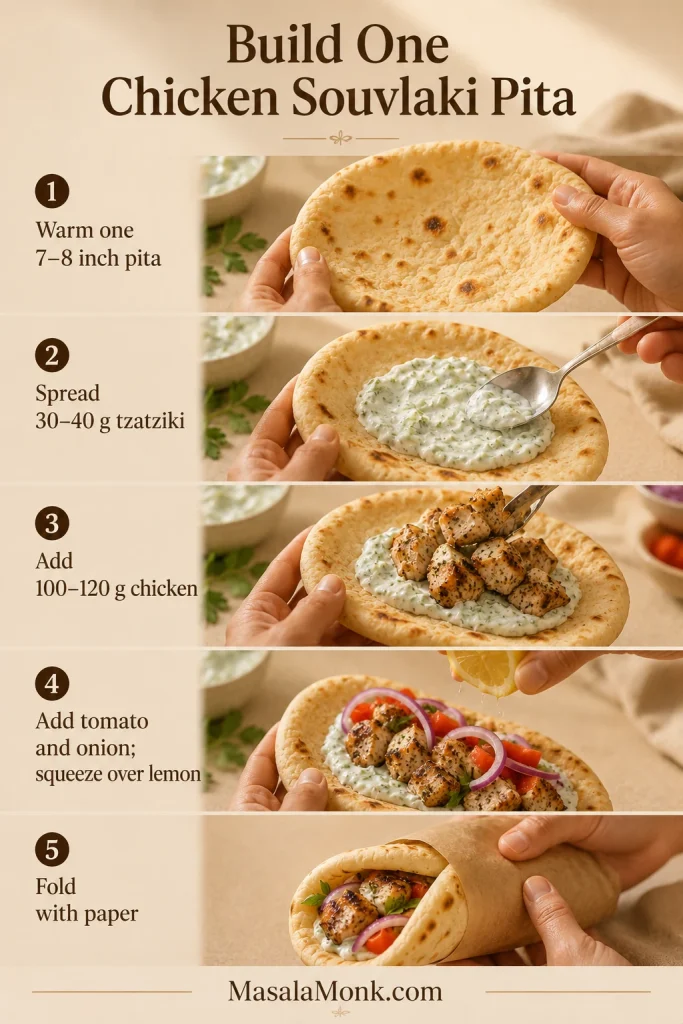 Five-step pita assembly showing warmed bread, tzatziki, chicken, tomato and onion, lemon squeezed over the filling and a paper-supported fold.