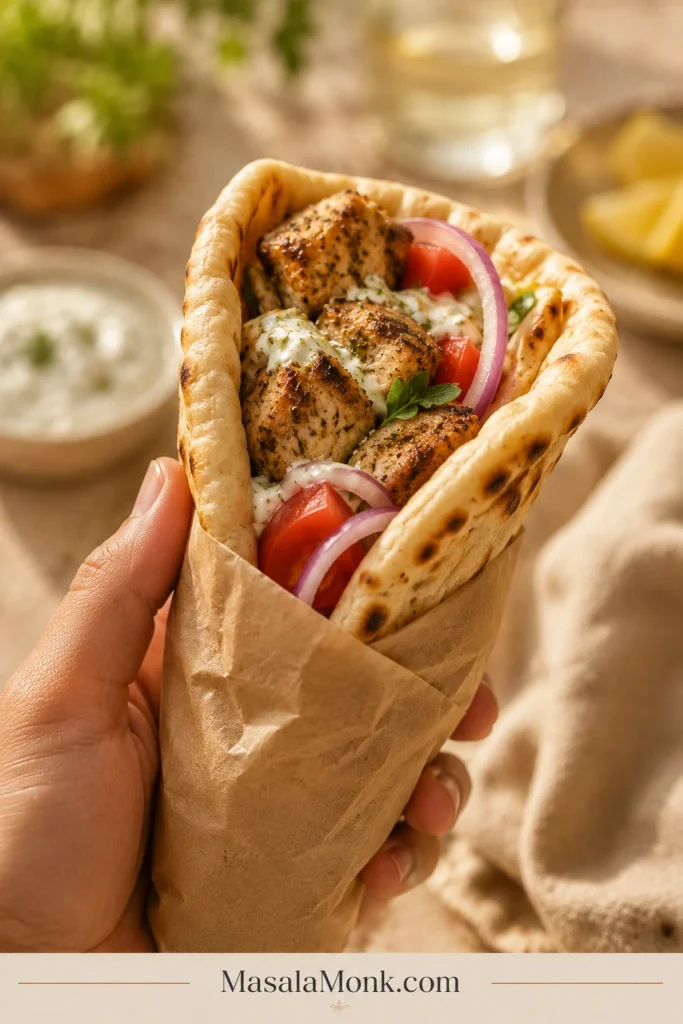 A hand holds a folded pita filled with browned chicken souvlaki, tzatziki, tomato and thin red onion, supported by brown paper.