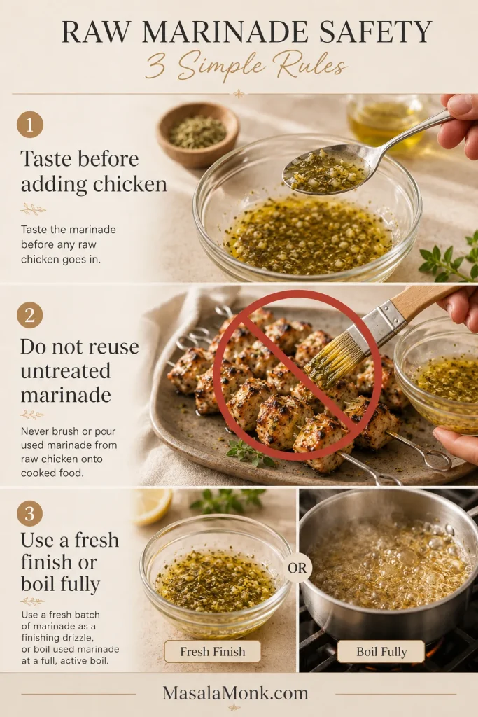Three-panel safety infographic showing marinade tasted before raw chicken, used marinade kept away from cooked food, and safe fresh or boiled finishing options.
