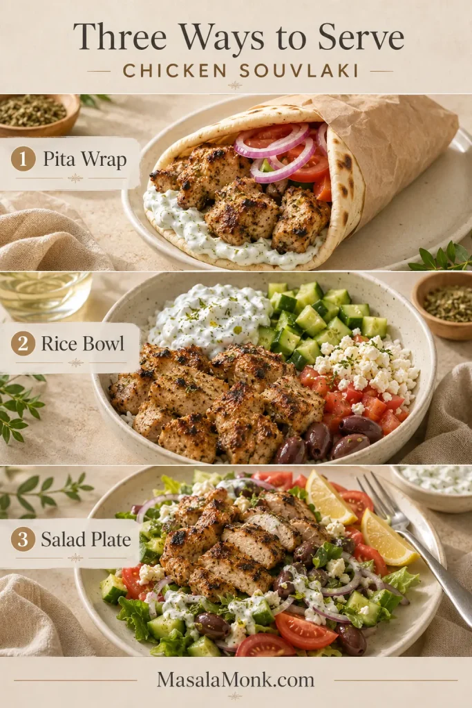 Three-panel serving infographic showing chicken souvlaki as a pita wrap, Mediterranean rice bowl and salad plate.