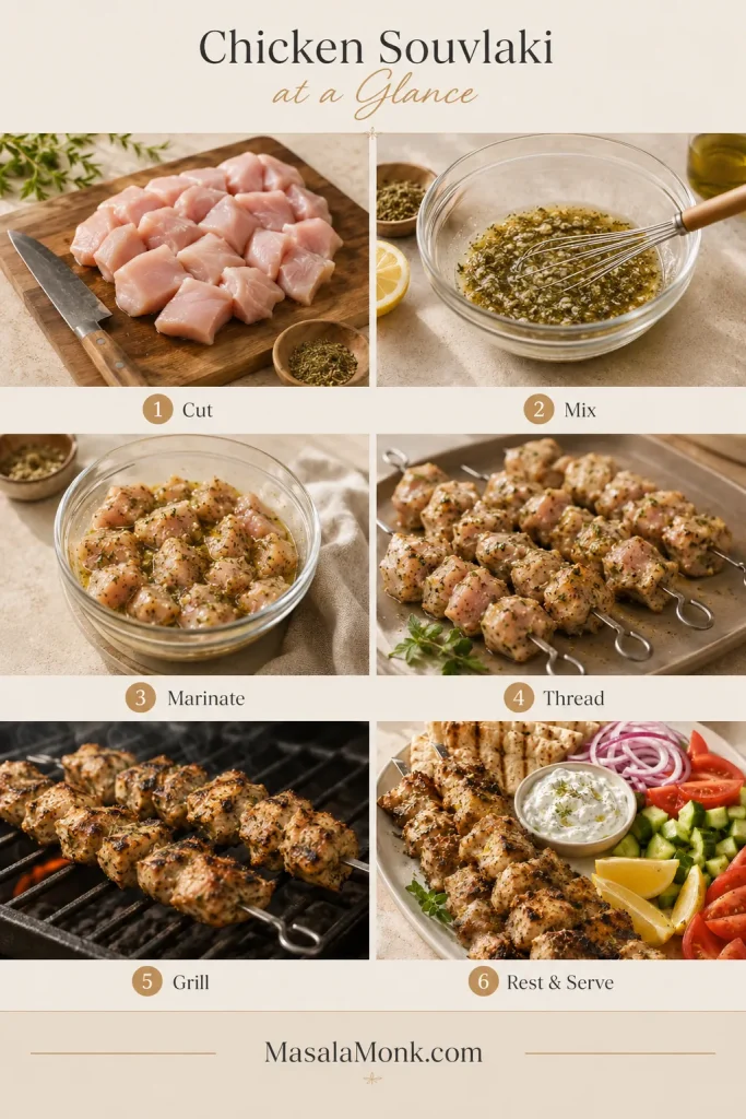 Six-step sequence showing chicken being cut, marinated, threaded onto skewers, grilled, rested and served.