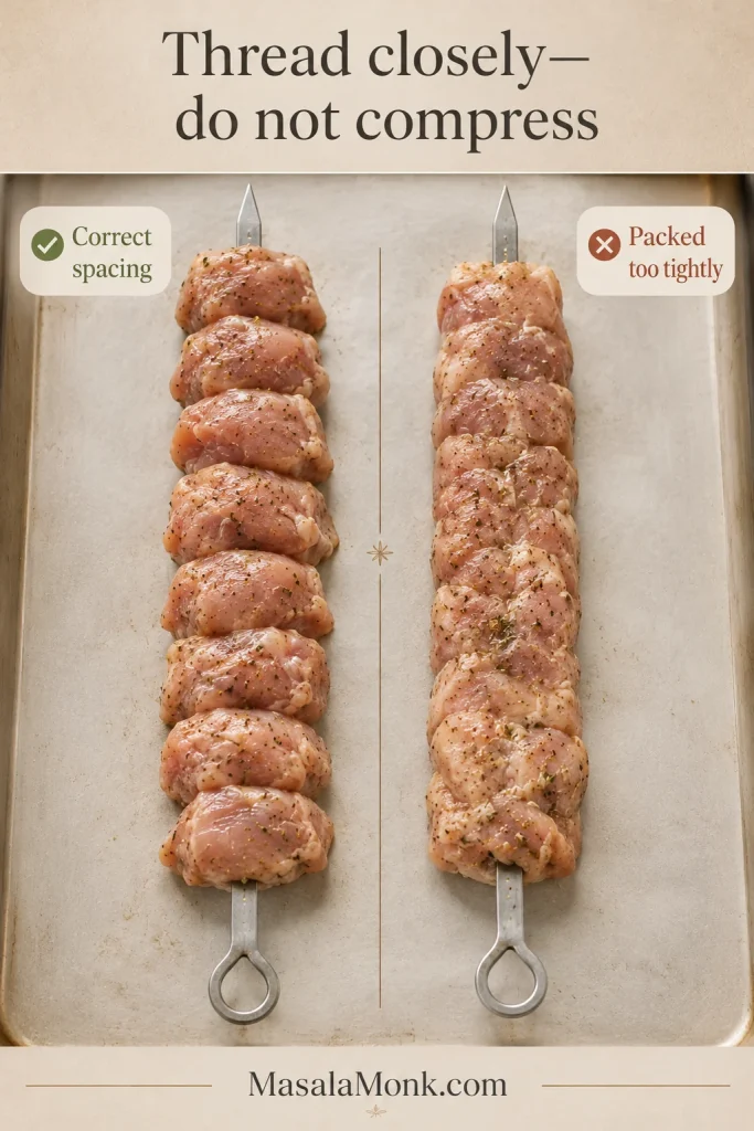 Two raw chicken skewers compared side by side, one with visible individual edges and one compressed into a dense block.