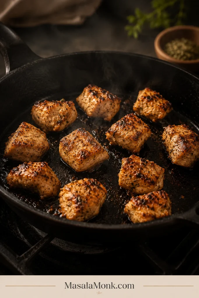 Well-spaced chicken pieces searing in a cast-iron skillet with browned surfaces and no pooled cooking liquid.