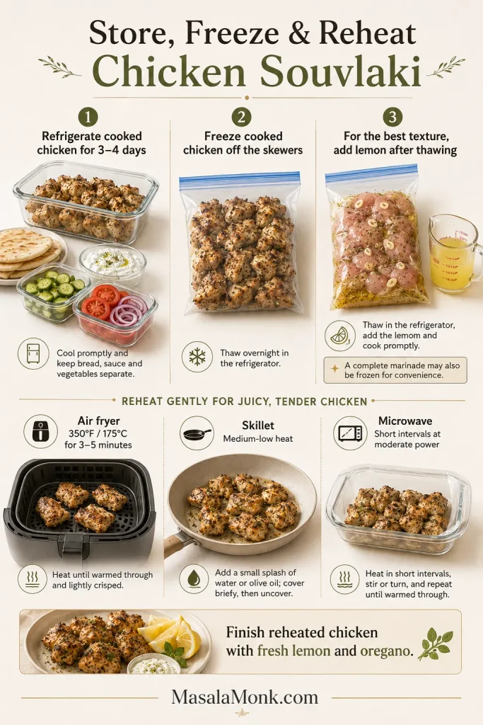 Infographic showing cooked chicken refrigerated or frozen off skewers, raw seasoned chicken frozen without lemon, and air-fryer, skillet and microwave reheating.