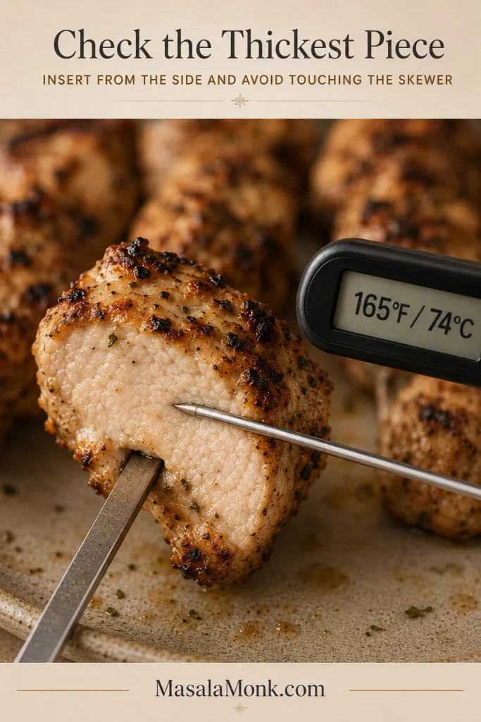 Instant-read thermometer inserted from the side into the thickest cooked chicken piece without touching the metal skewer, reading 165°F and 74°C.