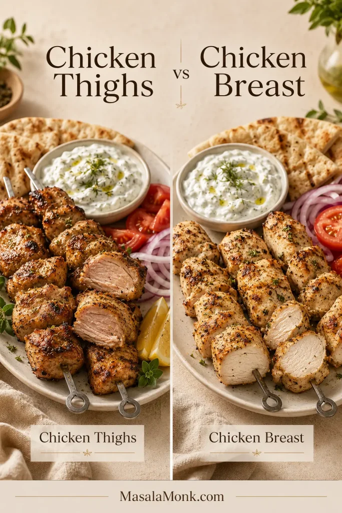 Cooked chicken thigh and chicken breast souvlaki shown side by side and cut open to compare their interiors.