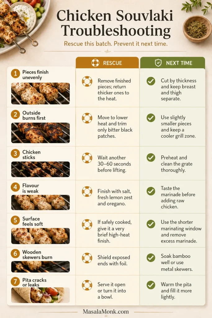 Troubleshooting infographic covering uneven cooking, burning, sticking, weak flavour, soft surfaces, scorched wooden skewers and cracked pita.