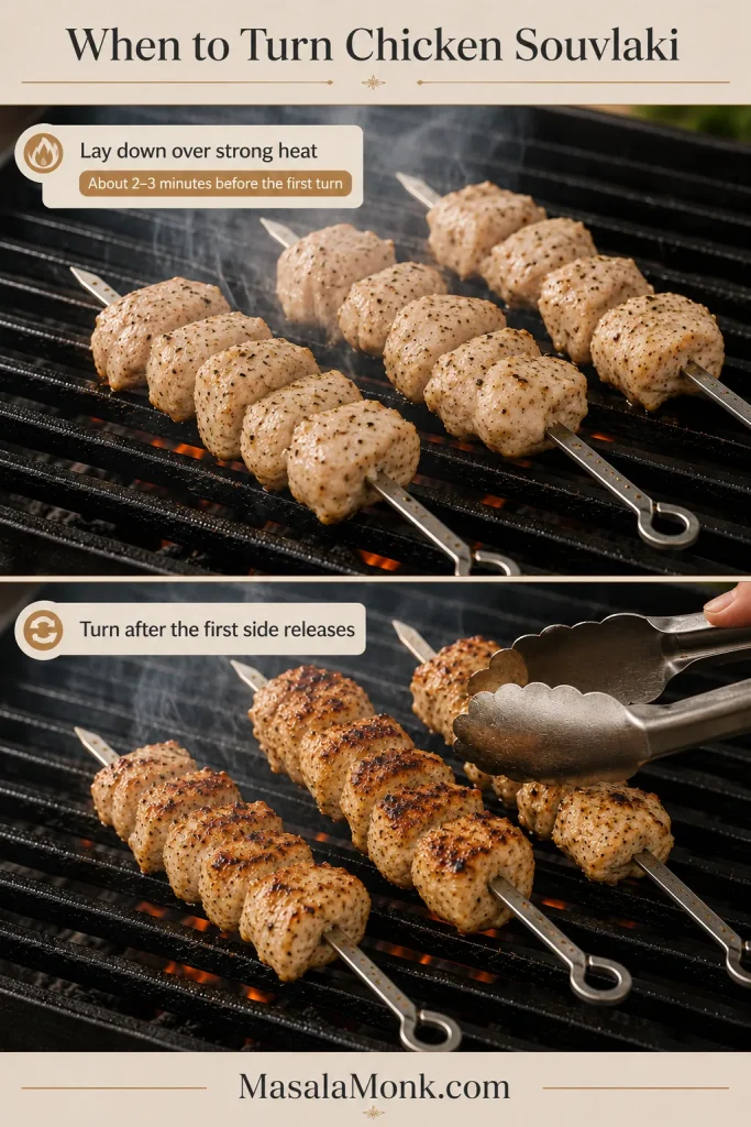 Two-panel grill sequence showing pale chicken skewers over heat and the browned first side being turned with tongs.