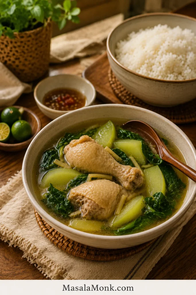 Served bowl of Chicken Tinola with ginger broth, bone-in chicken, green papaya or sayote, leafy greens, steamed rice, calamansi, and dipping sauce.