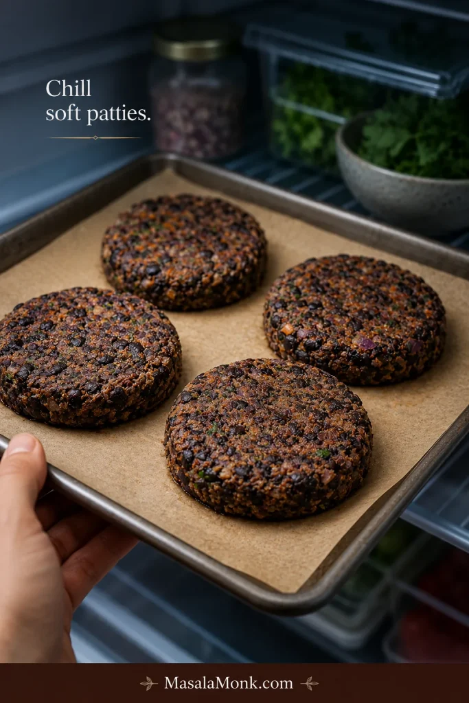 Parchment-lined tray of shaped black bean burger patties being chilled or removed from a refrigerator.