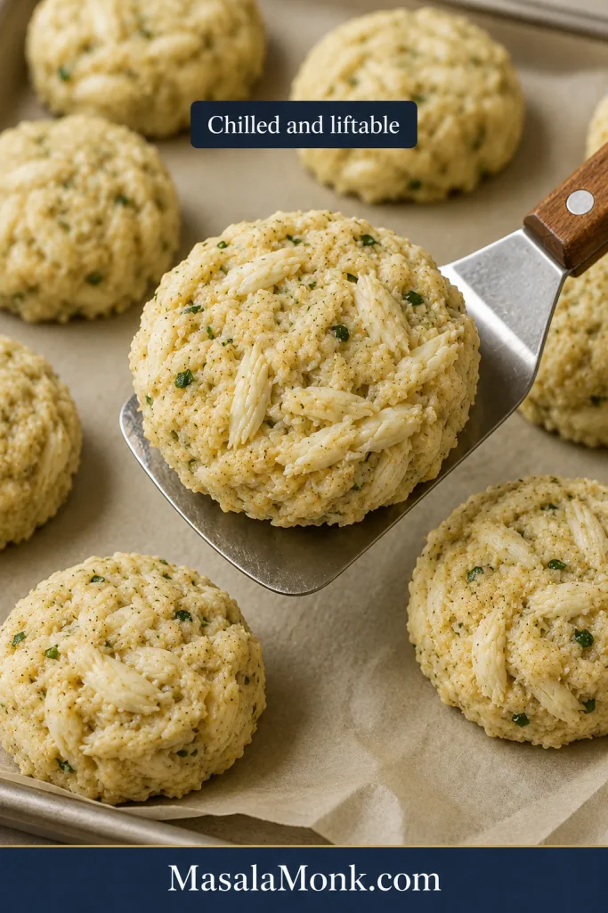 Chilled crab cakes lifting from parchment with a wide spatula before cooking.