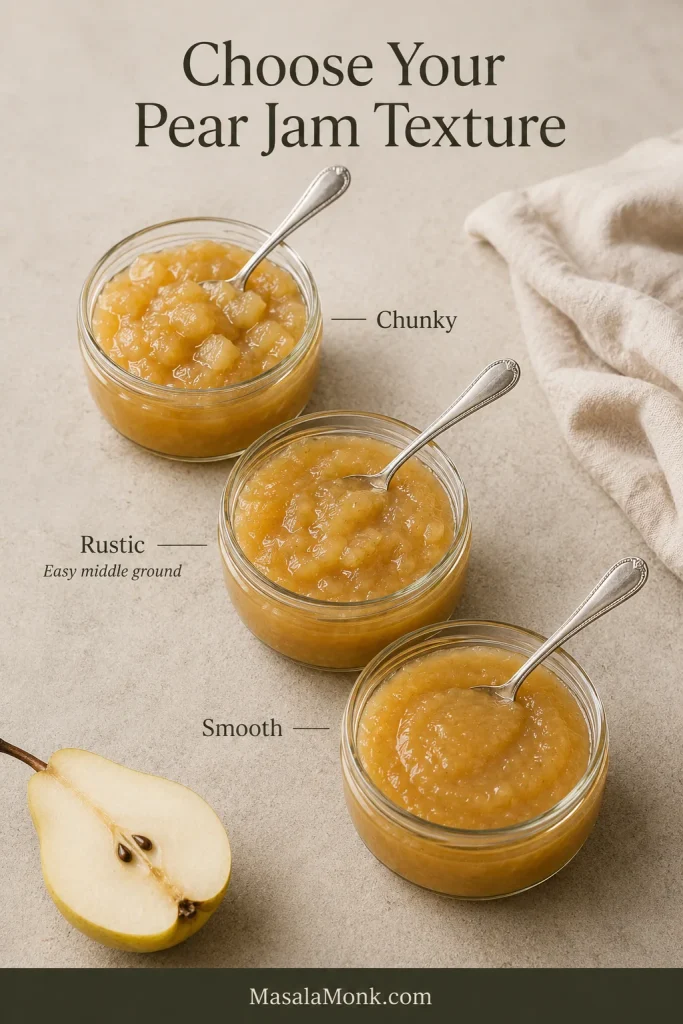 Three pear jam samples show finely mashed, rustic and chunky textures side by side.