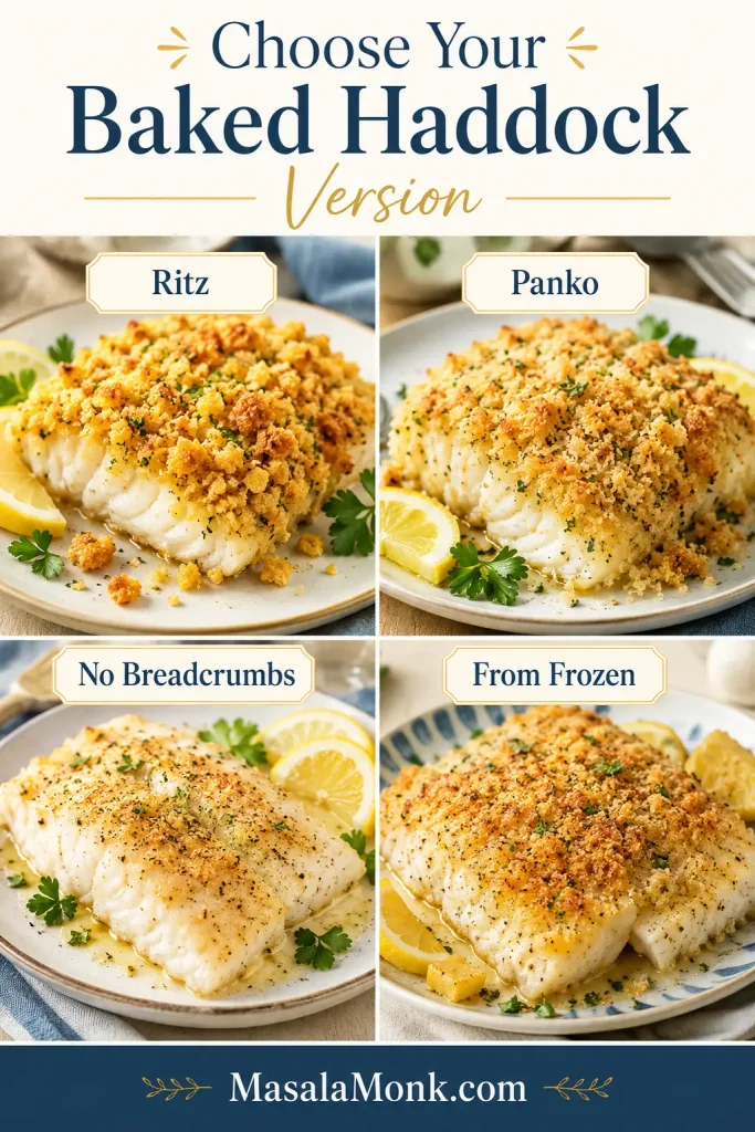 Four-panel guide showing baked haddock versions with Ritz, panko, no breadcrumbs, and a from-frozen method.