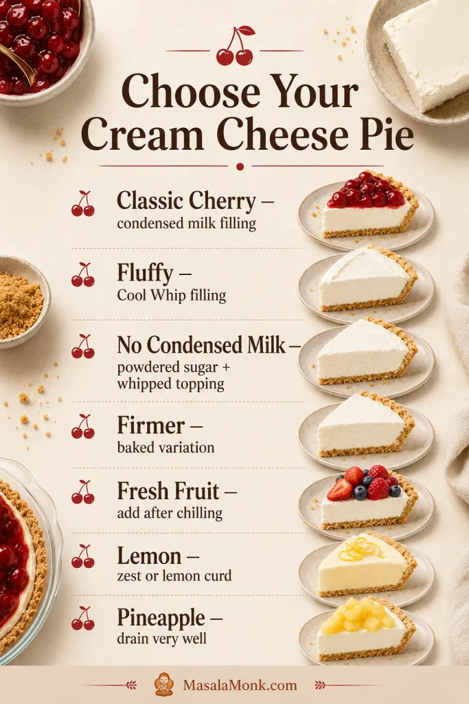 Decision chart showing cream cheese pie versions, including classic cherry, Cool Whip, baked, fresh fruit, lemon, and pineapple.