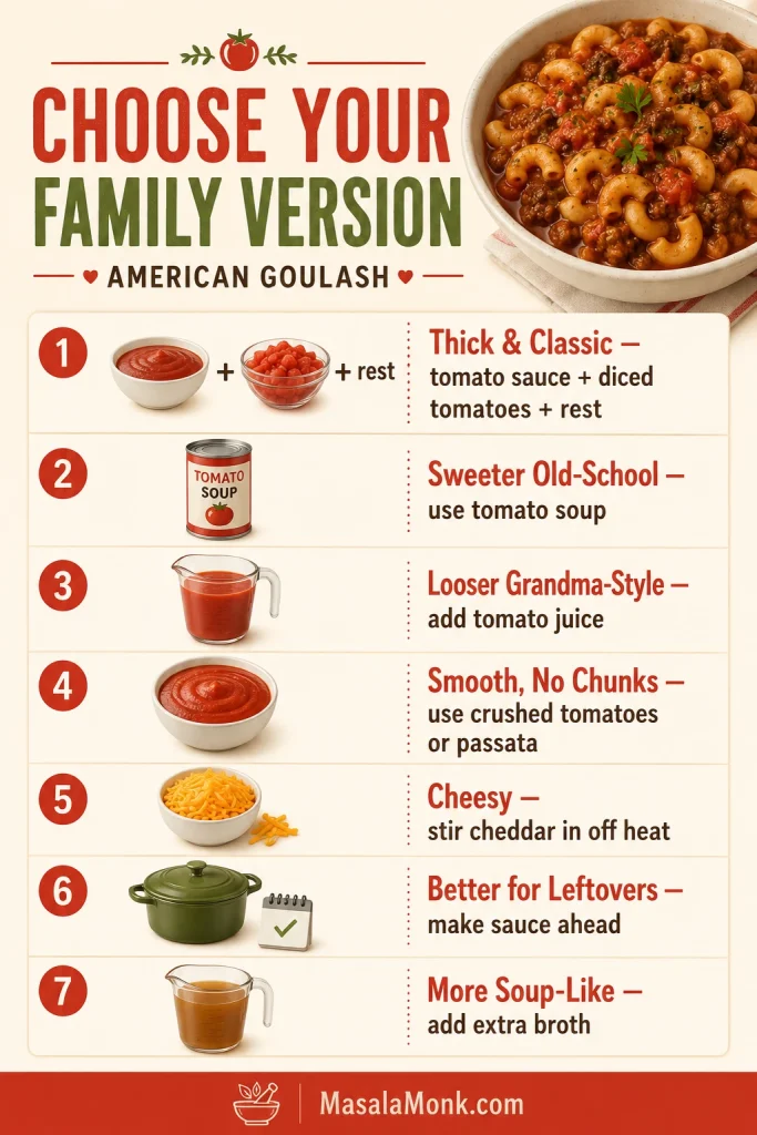 Infographic titled Choose Your Family Version with options for thick, tomato soup, tomato juice, no chunks, cheesy, leftover-friendly, and soup-like American goulash.