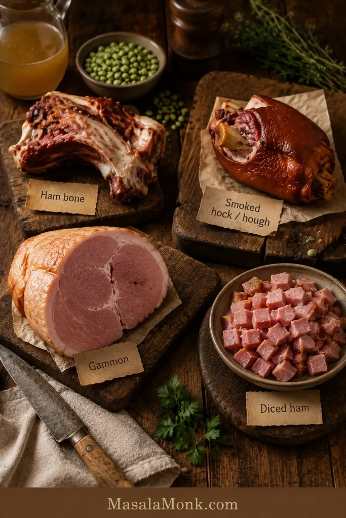 Four ham options for pea and ham soup labeled ham bone, smoked hock or hough, gammon, and diced ham.