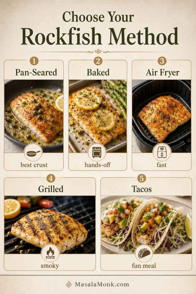 Guide comparing pan-seared, baked, air fryer, grilled, and taco methods for cooking rockfish.