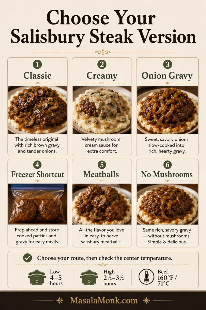 Salisbury steak version guide showing six options: classic, creamy, onion gravy, freezer shortcut, meatballs, and no mushrooms, with cook time and temperature reminders.