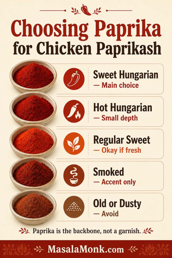 Infographic comparing sweet Hungarian paprika, hot Hungarian paprika, regular sweet paprika, smoked paprika and old paprika for chicken paprikash.