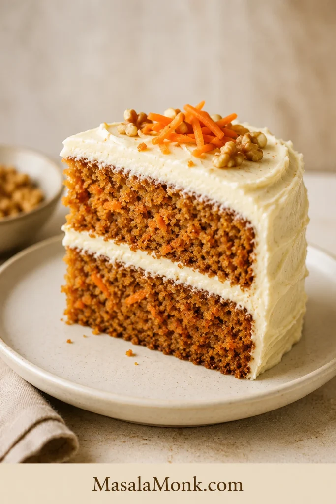 Clean plated slice of two-layer carrot cake with cream cheese frosting and orange carrot flecks throughout the crumb.