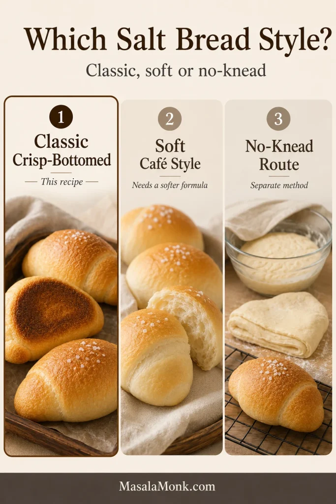 Three-column board comparing classic crisp-bottomed salt bread, soft café-style salt bread and a no-knead salt bread route.