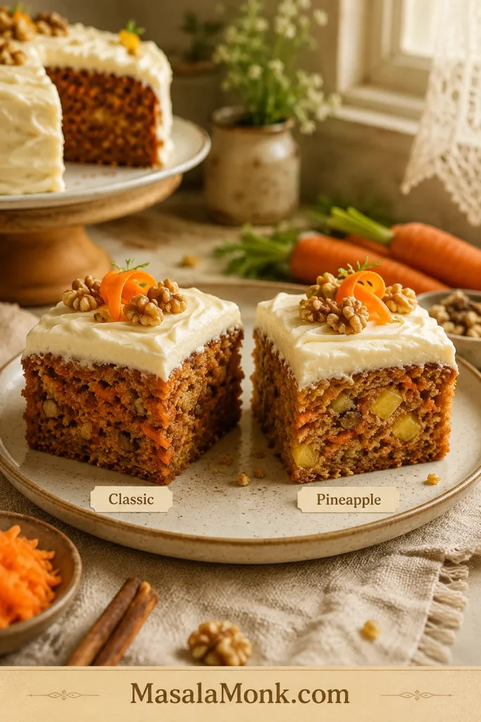 Two slices of carrot cake side by side, showing a classic version and a pineapple version with cream cheese frosting.