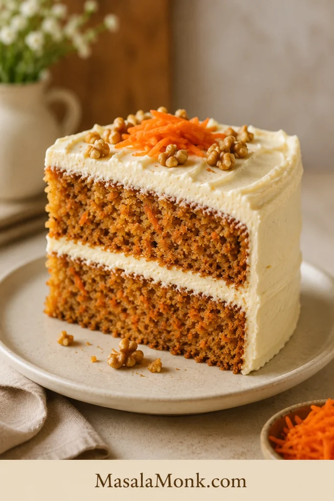 Neatly cut slice of chilled two-layer carrot cake with firm cream cheese frosting and visible carrot flecks.