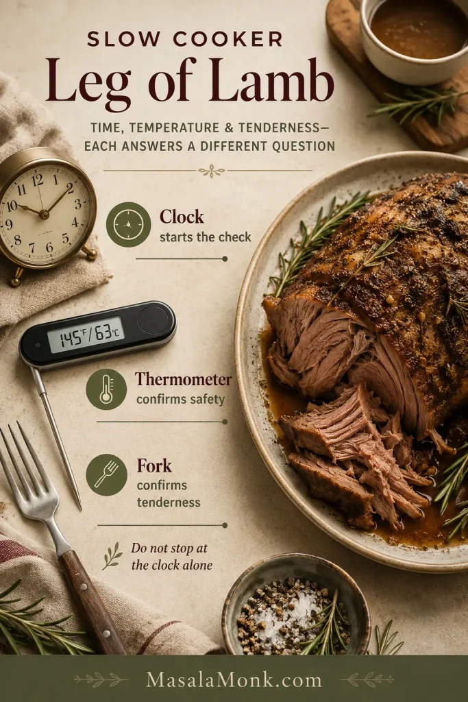 Instructional graphic with a clock, thermometer reading 145°F and 63°C, fork and cooked lamb showing time, safety and tenderness checks.