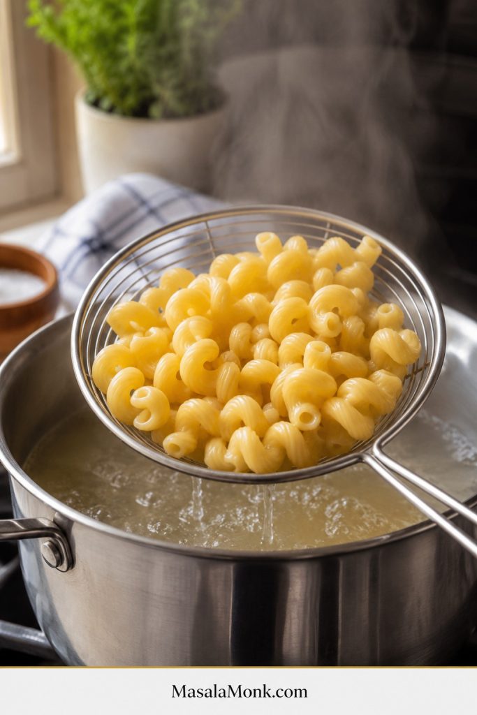 Cavatappi pasta being lifted from boiling water with a strainer during preparation for lobster mac and cheese.