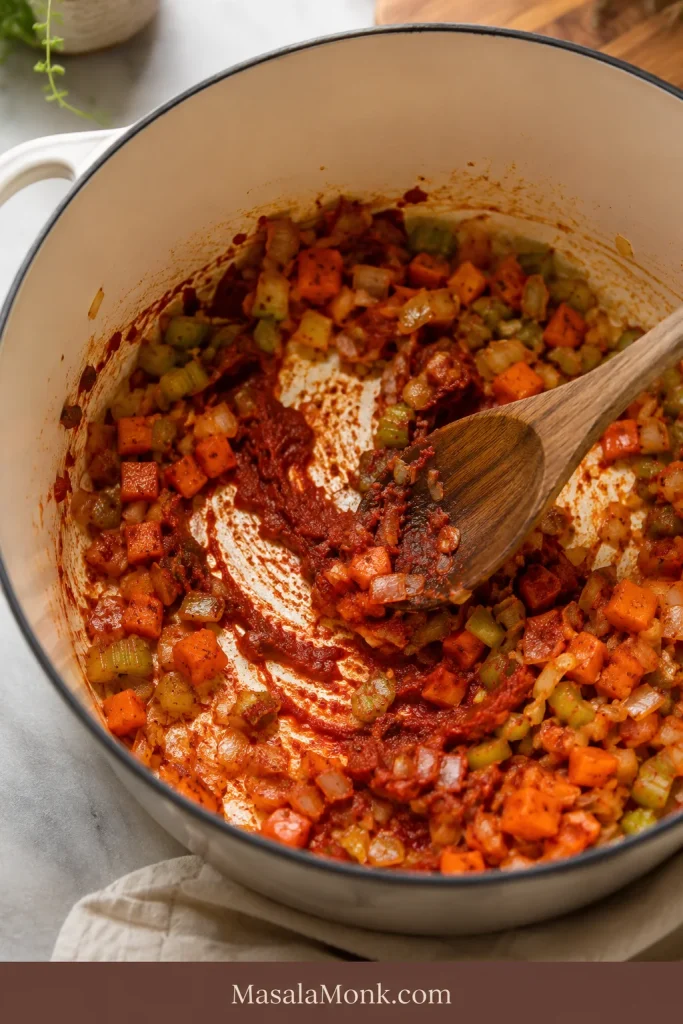 Tomato paste cooked into softened onion, carrot, celery, and garlic in a light-colored pot with a wooden spoon.