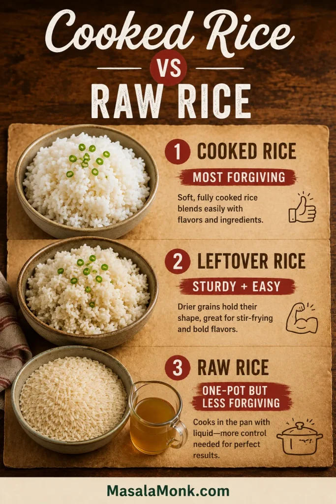 Guide comparing cooked rice, leftover rice, and raw rice for dirty rice, with bowls of rice, labels, and a small broth jug.