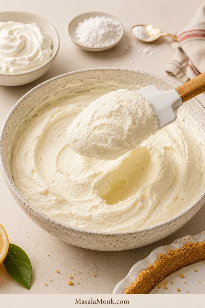Fluffy cream cheese pie filling being lifted with a spatula, with whipped topping and powdered sugar nearby.