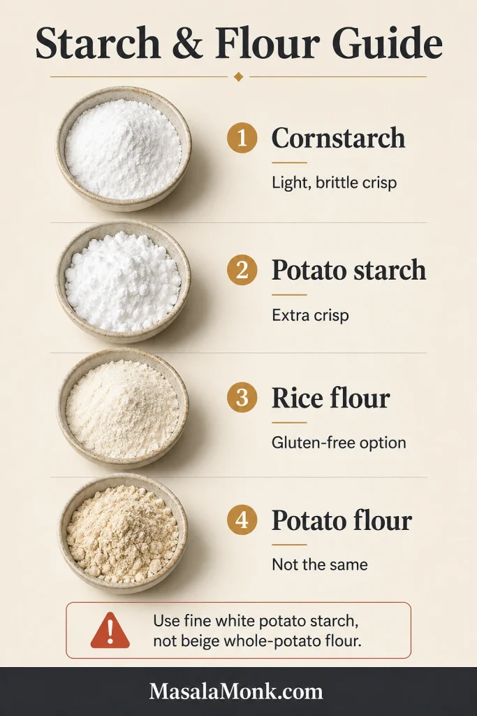 Bowls of cornstarch, potato starch, rice flour and beige potato flour shown as a coating guide.