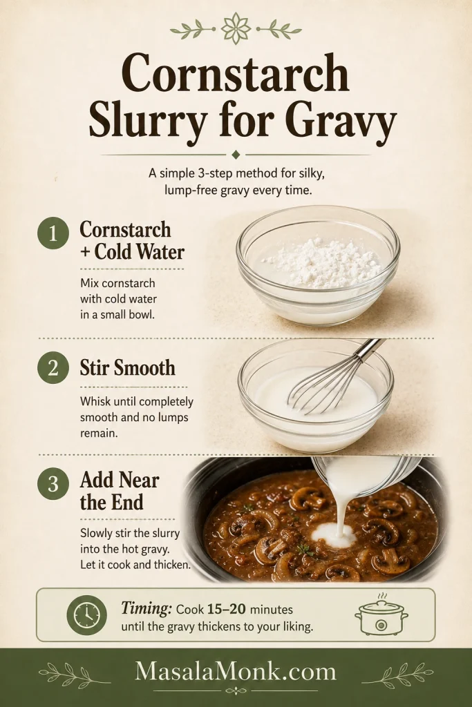 Three-step cornstarch slurry guide showing cornstarch with cold water, a smooth slurry, and slurry added near the end to hot gravy, with a 15 to 20 minute cook time.