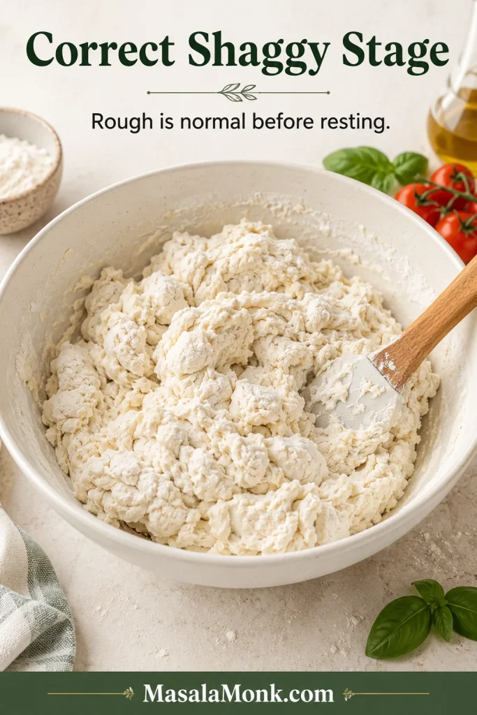 Bowl of shaggy Greek yogurt pizza dough with rough clumps, dry flour patches and a spatula.