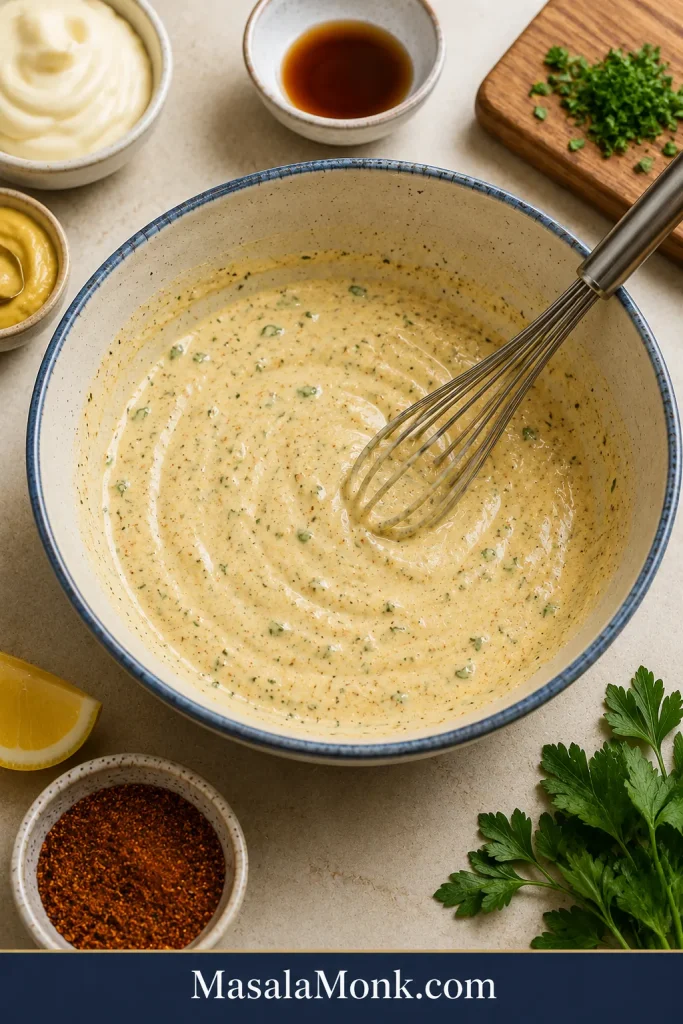 Mixing bowl with crab cake binder made from egg, mayonnaise, Dijon, Worcestershire, lemon, and seasoning.